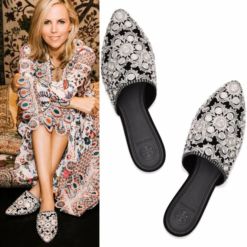 Tory Burch Elora Slide Black Suede Mirror Embroidery Flat Mule Slipper 6 $378